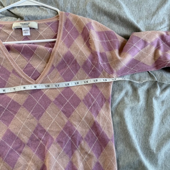 Pringle Of Scotland 100% Cashmere Pink Argyle Crew Neck Sweater Women S Preppy - Picture 6 of 8